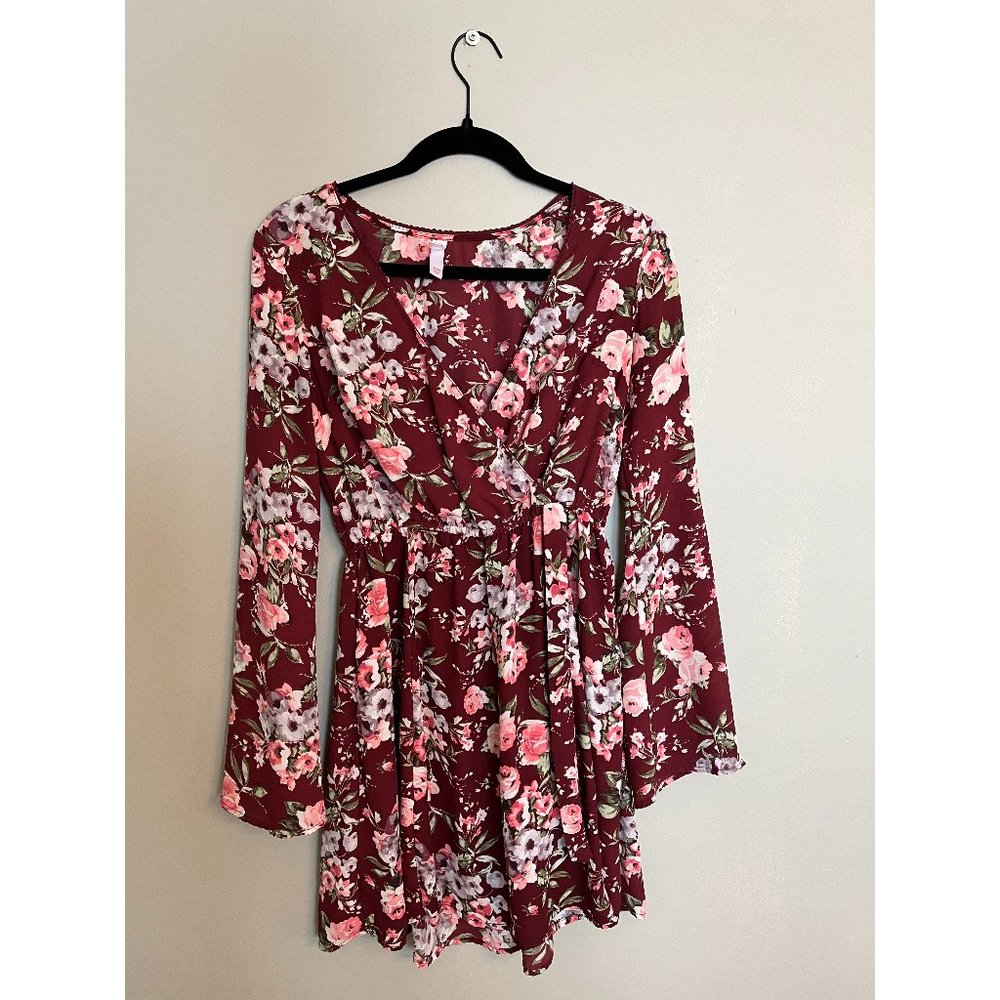 Xhilaration faux-wrap, burgundy floral dress